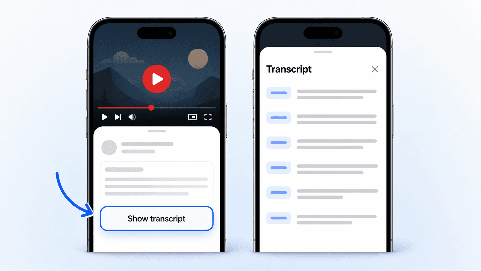 Illustration of finding and viewing a YouTube transcript on a phone