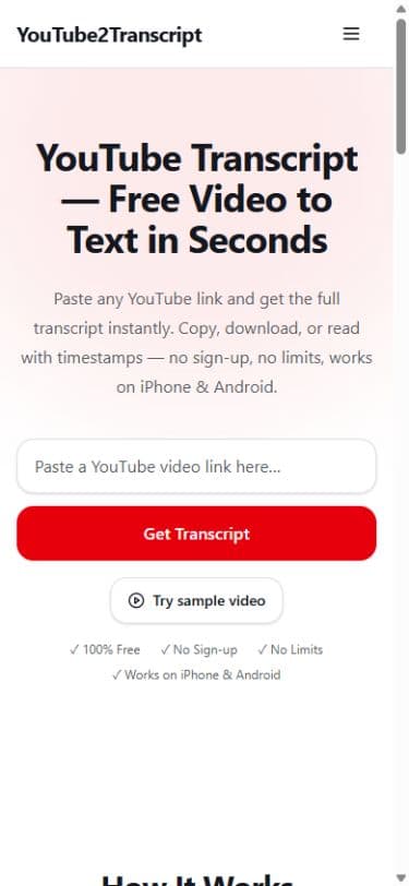 Paste a YouTube link on YouTube2Transcript from a phone