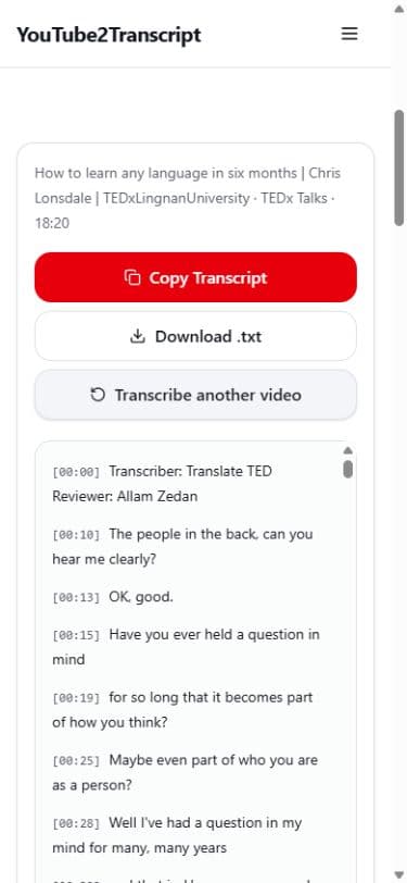 Copy a YouTube transcript result page on a phone